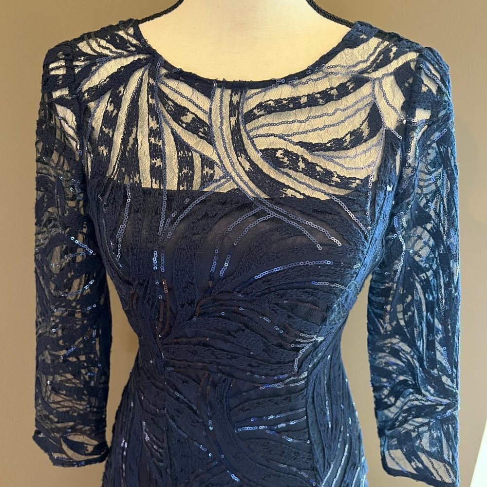 Tahari Navy Sequin Formal Mother of the Bride with silk shawl, Black Tie Size 2 - Picture 2 of 15